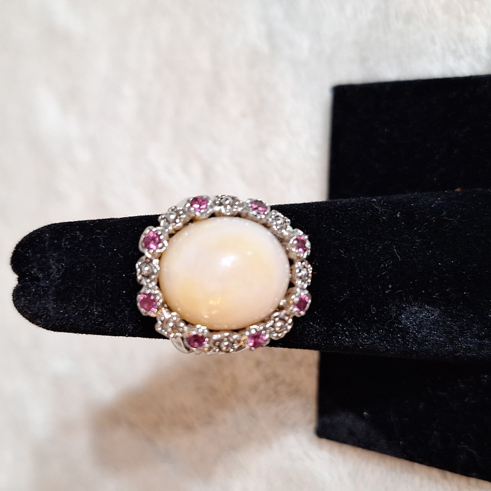 RARE Pink Opal and Tourmaline Ring in Sterling Silver